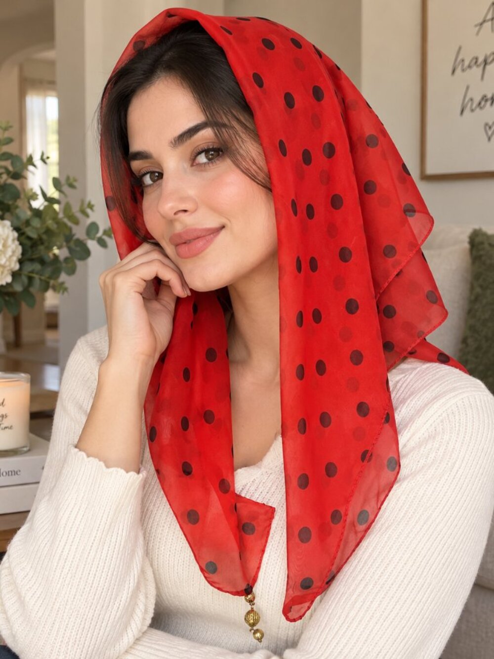 Red Polka Dot Sheer Scarf Gold Tone Clasp Convertible Neck Head Scarf